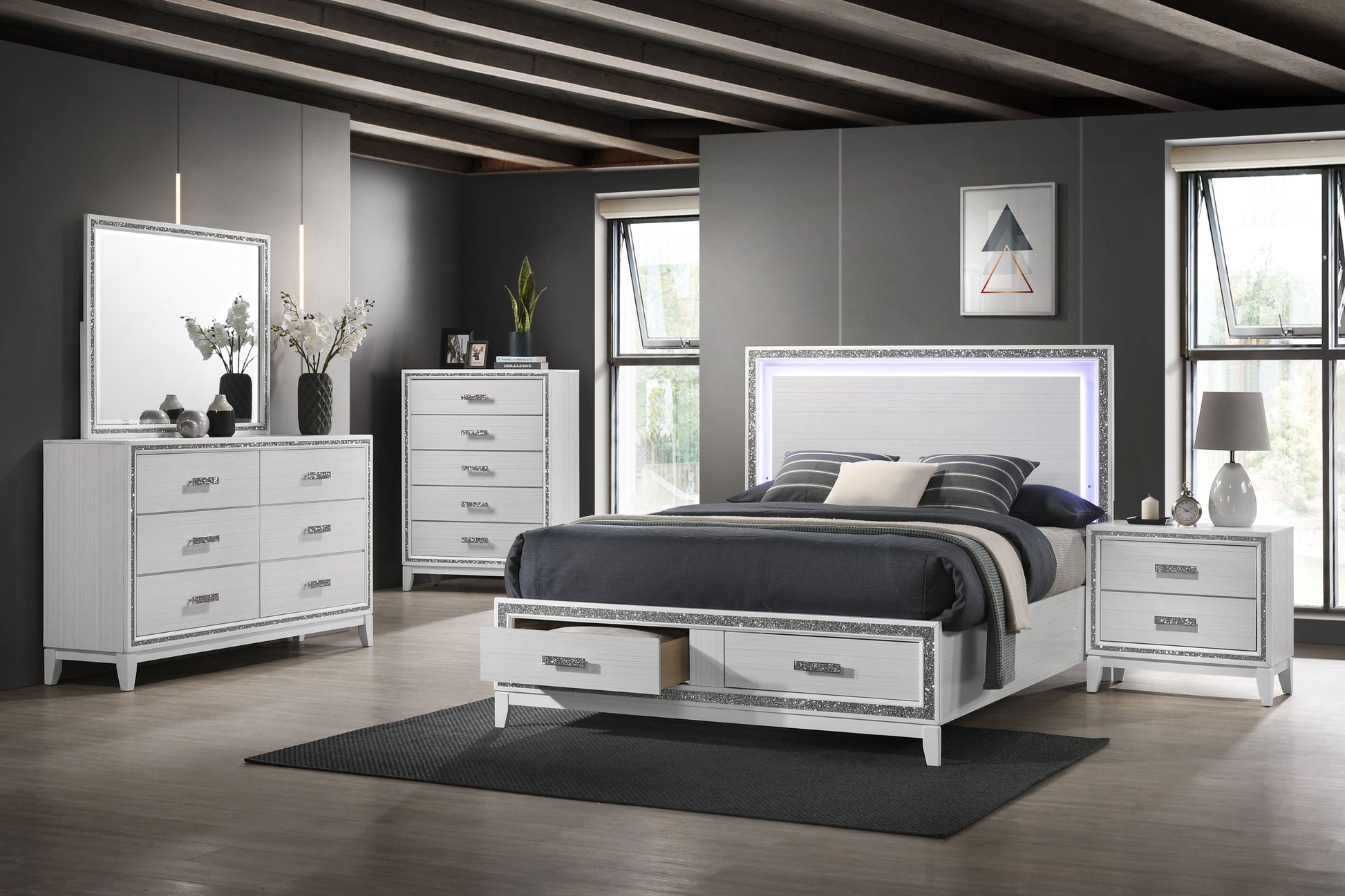 Haiden Queen Bed W Storage Led & White Finish Bd01425Q White Mdf