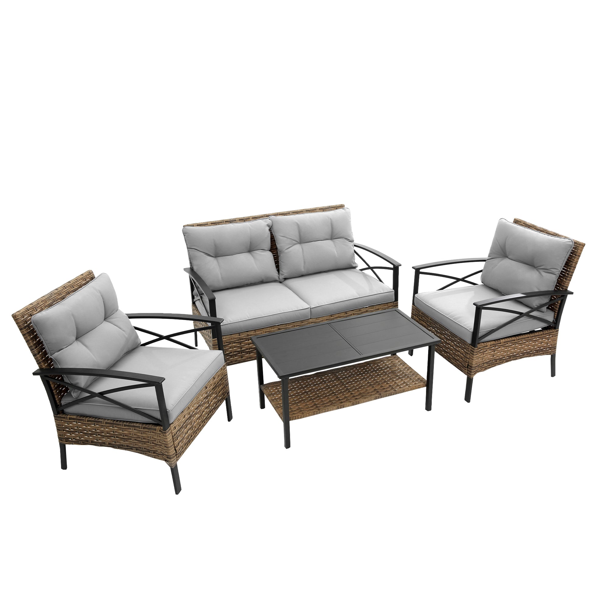 Patio 4 Piece Sectional Low Dining Conversation Sofa Set Kd Rattan Wicker Outdoor Garden Furniture Corner Sofa Set With Cushion. Grey Cotton Steel