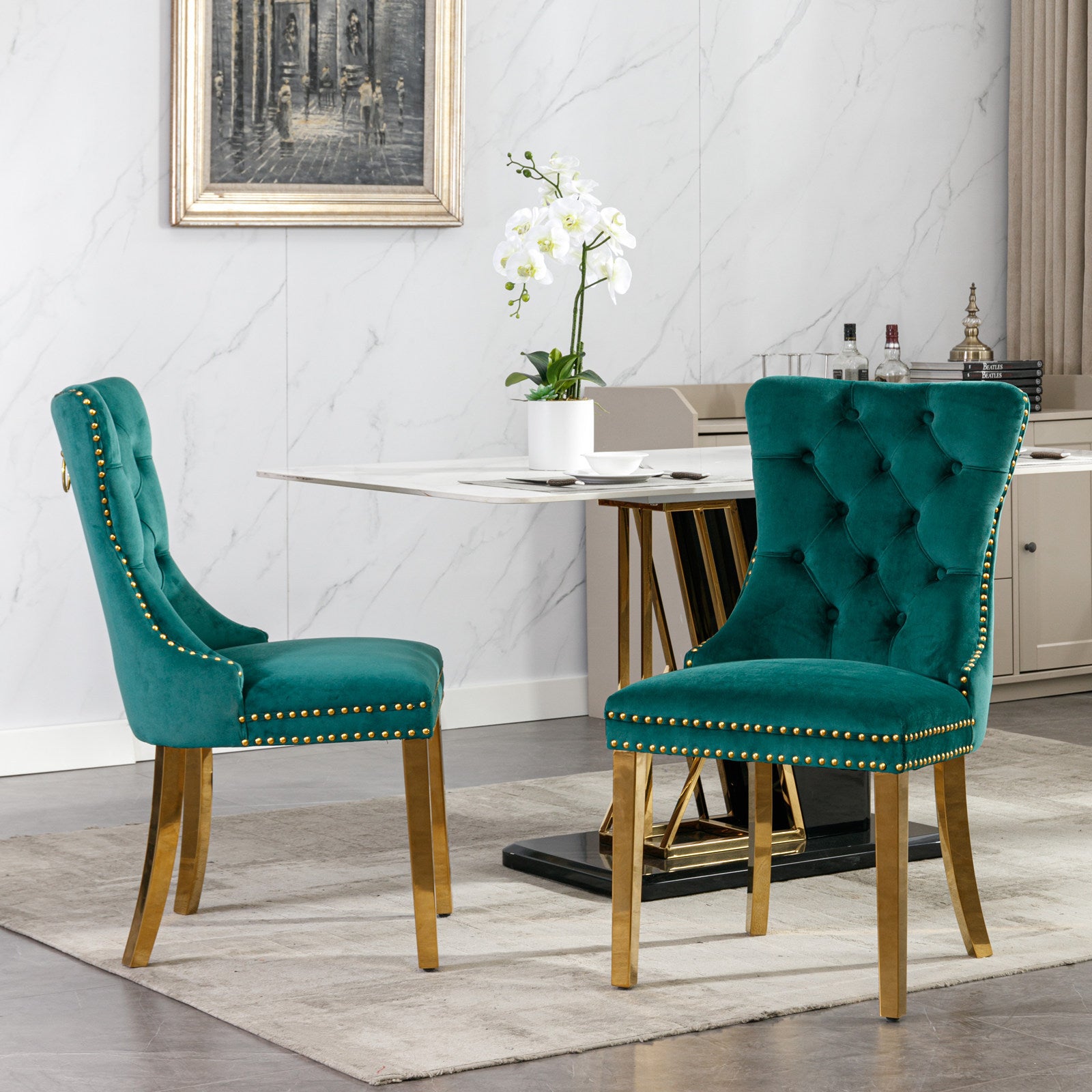 Nikki Collection Modern, High End Tufted Solid Wood Contemporary Velvet Upholstered Dining Chair With Golden Stainless Steel Plating Legs,Nailhead Trim,Set Of 2 Black And Gold, Sw1601Gn Green Foam Velvet