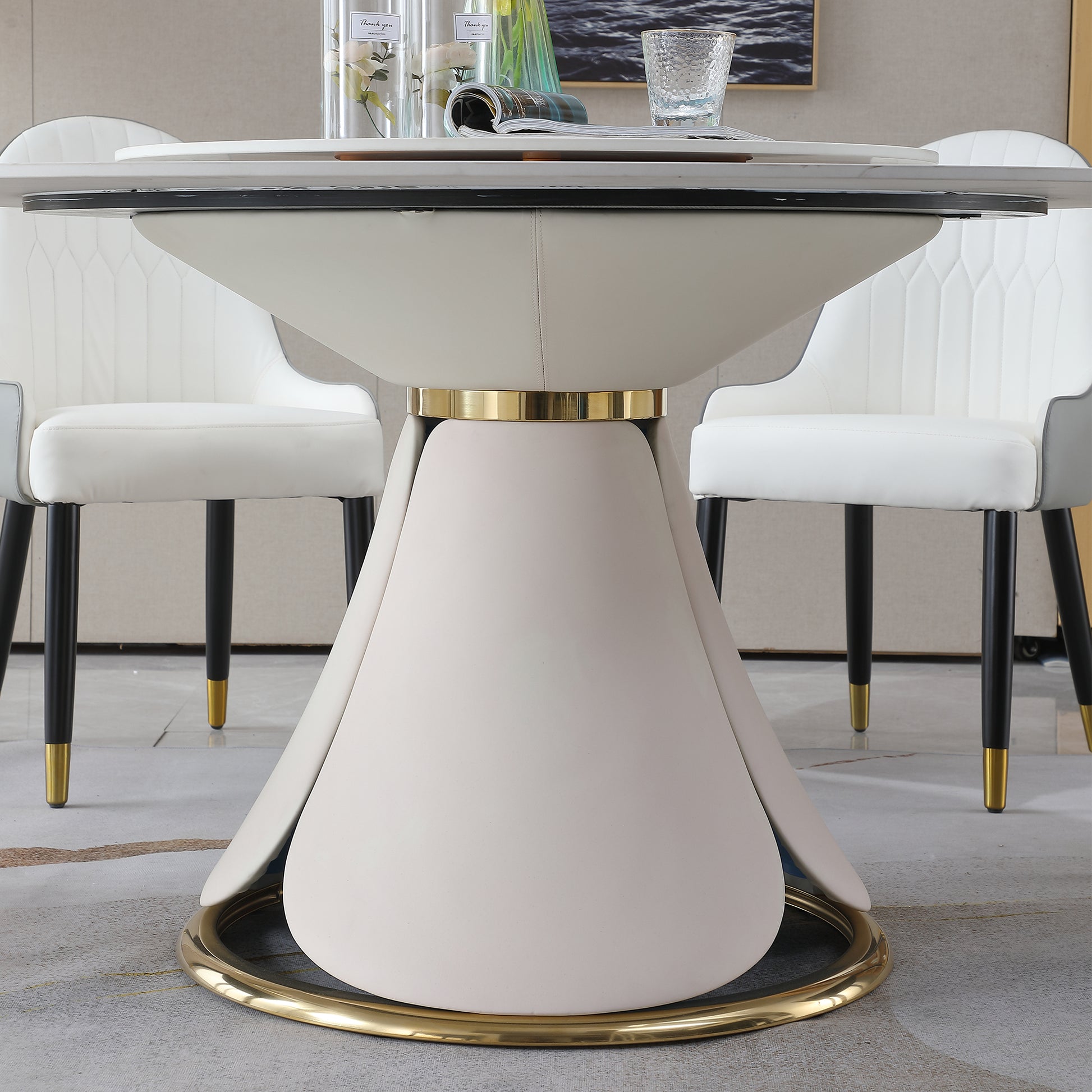 59.05"Modern Sintered Stone Dining Table With 31.5" Round Turntable For 8 Person With Wood And Metal Exquisite Pedestal Beige Metal Stone