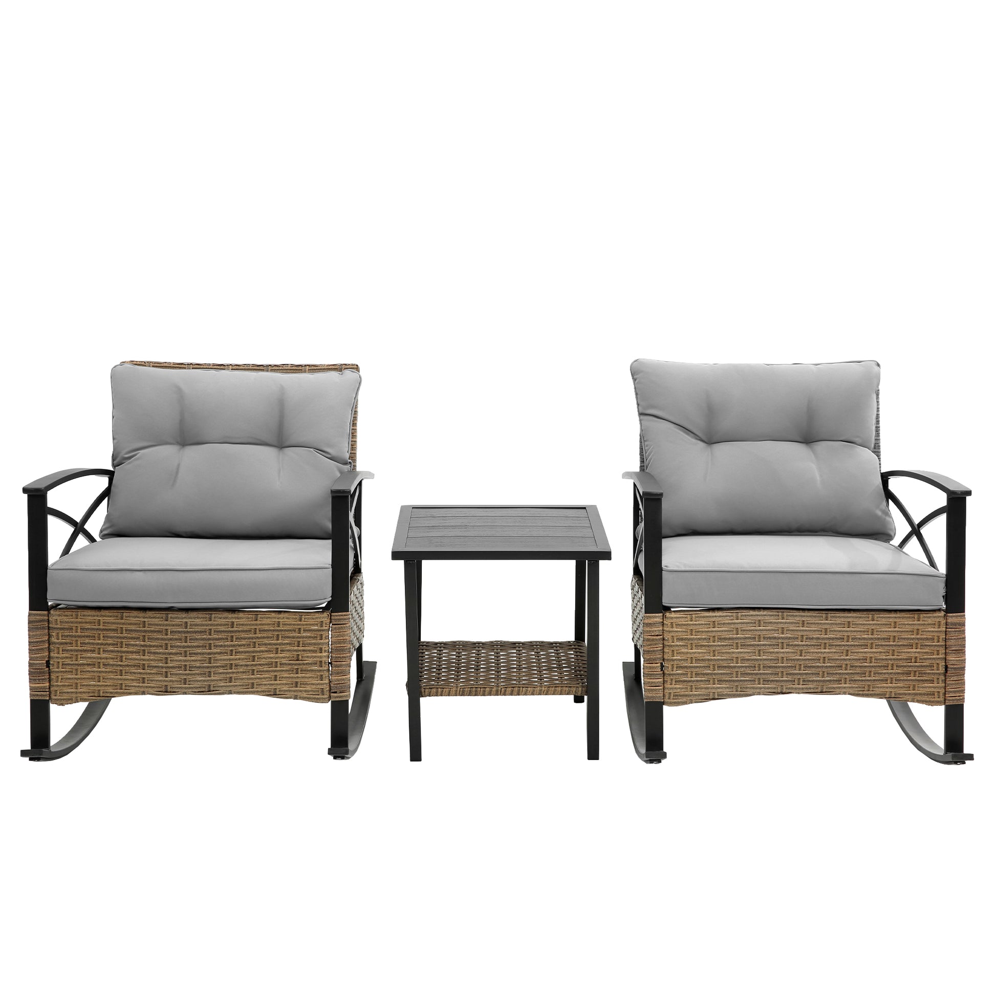 3Pcs Rocking Rattan Set Wholesale Leisure Chair Outdoor Rattan Rocking Chair Set Grey Grey Cotton Steel