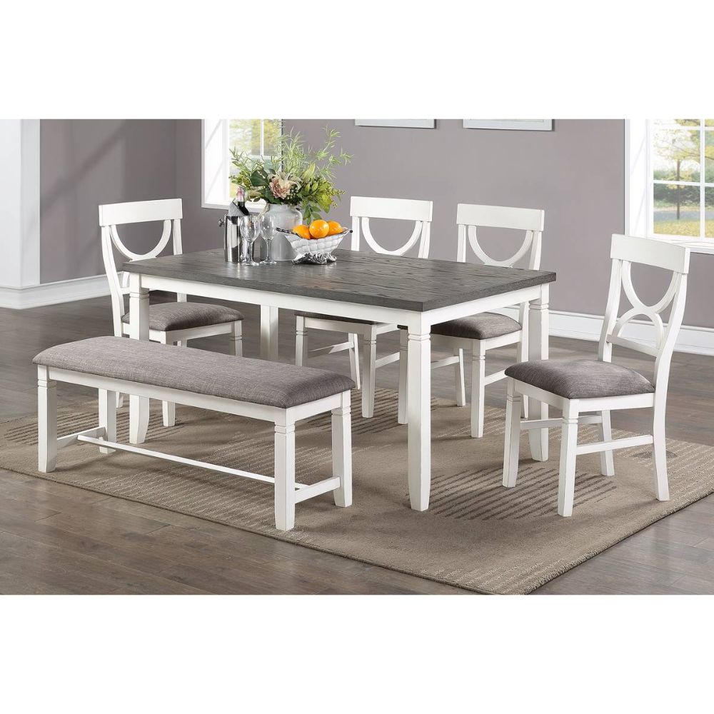 Carrol 6 Piece Wood Dining Set, White And Grey White Seats 6 Transitional 4 Leg Rectangular Rubber Wood