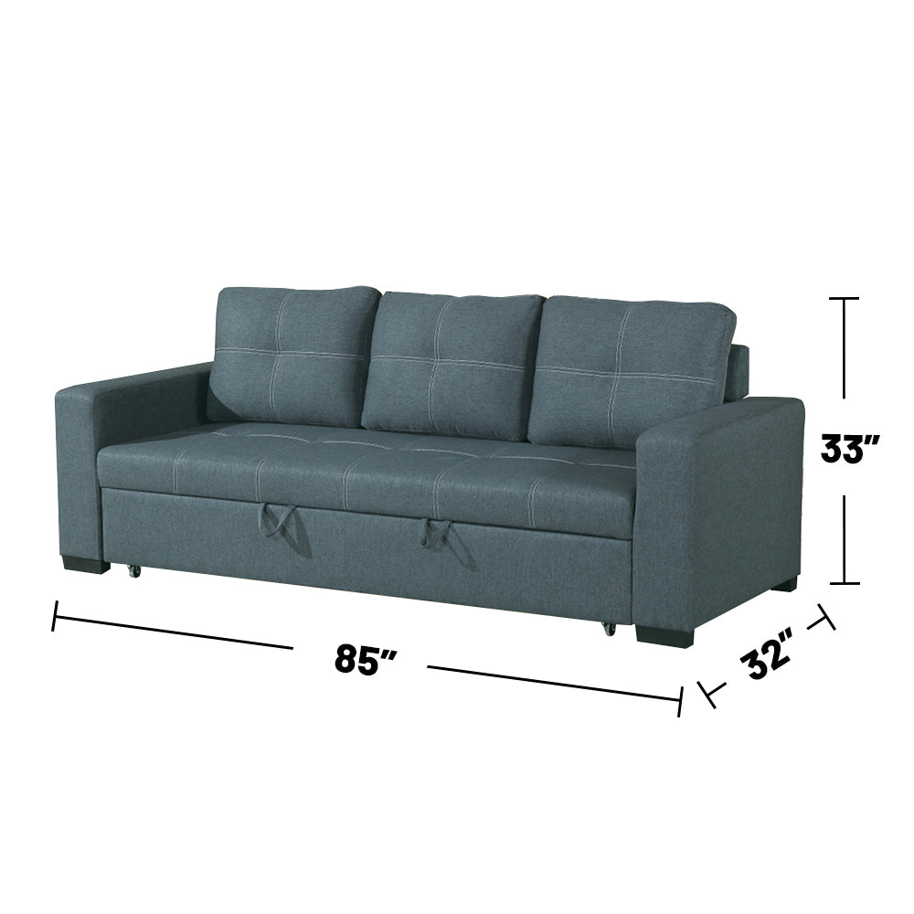 3 Seats Polyfiber Convertible Sleeper Sofa, Blue Grey Blue Gray Cushion Back Square Arms Fabric