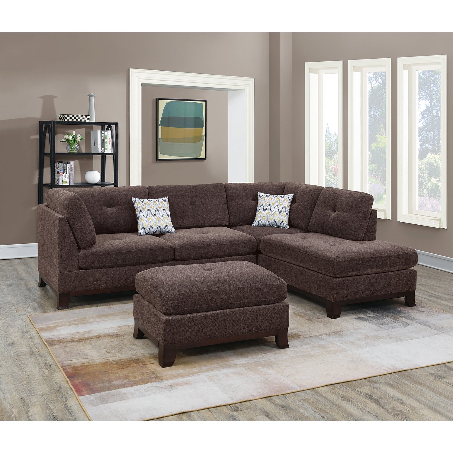 Chenille Reversible Sectional Sofa With Ottoamn In Dark Coffee Coffee Cushion Back L Shaped Pillow Top Arms Chenille