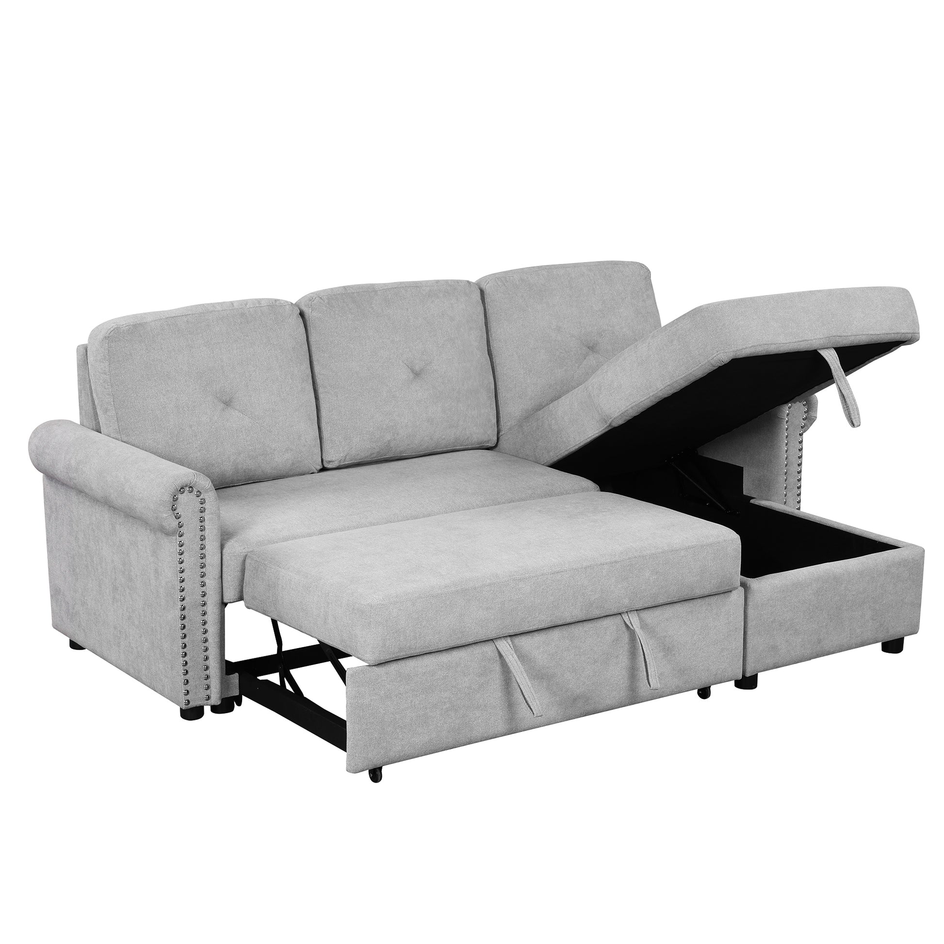 83" Modern Convertible Sleeper Sofa Bed With Storage Chaise,Gray Old Sku:Sg000346Aaa Gray Foam Velvet