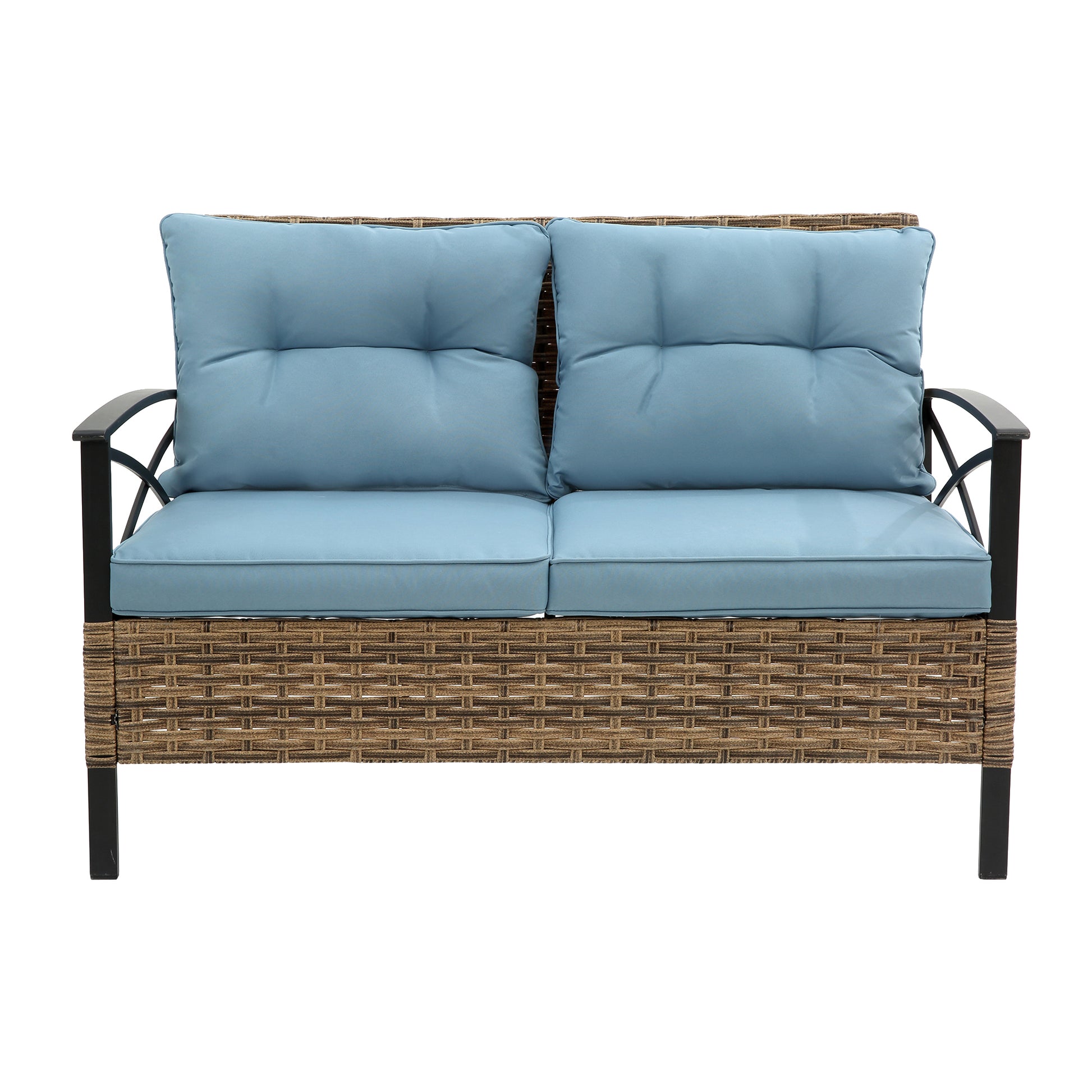 Patio 4 Piece Sectional Low Dining Conversation Sofa Set Kd Rattan Wicker Outdoor Garden Furniture Corner Sofa Set With Cushion. Blue Cotton Steel