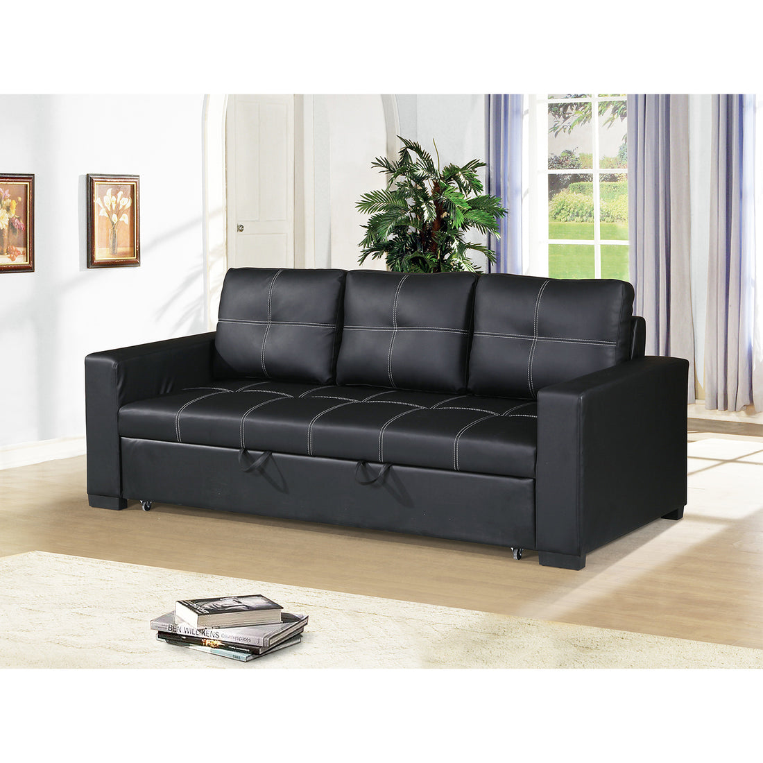 3 Seats Faux Leather Convertible Sleeper Sofa, Black Black Faux Leather Tufted Back Square Arms Pu Leather