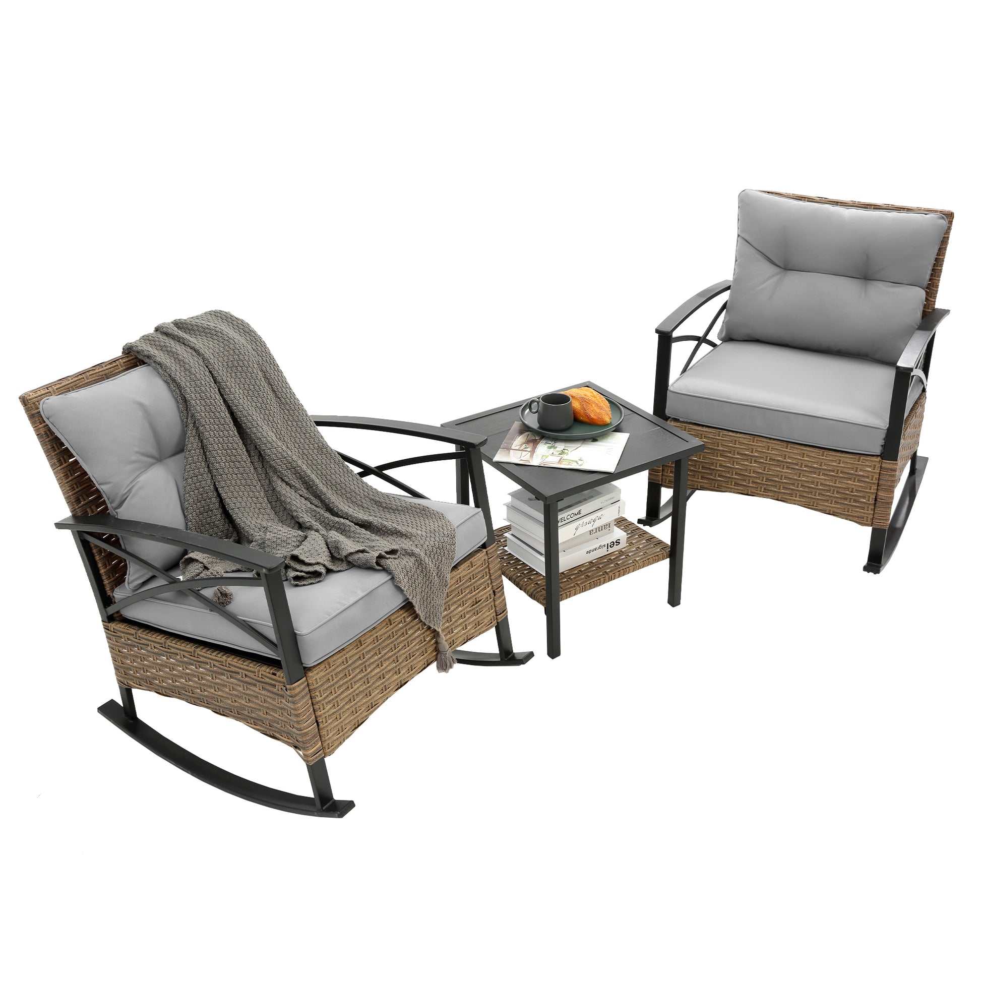 3Pcs Rocking Rattan Set Wholesale Leisure Chair Outdoor Rattan Rocking Chair Set Grey Grey Cotton Steel