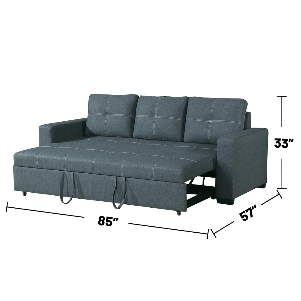 3 Seats Polyfiber Convertible Sleeper Sofa, Blue Grey Blue Gray Cushion Back Square Arms Fabric