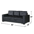 3 Seats Faux Leather Convertible Sleeper Sofa, Black Black Faux Leather Tufted Back Square Arms Pu Leather