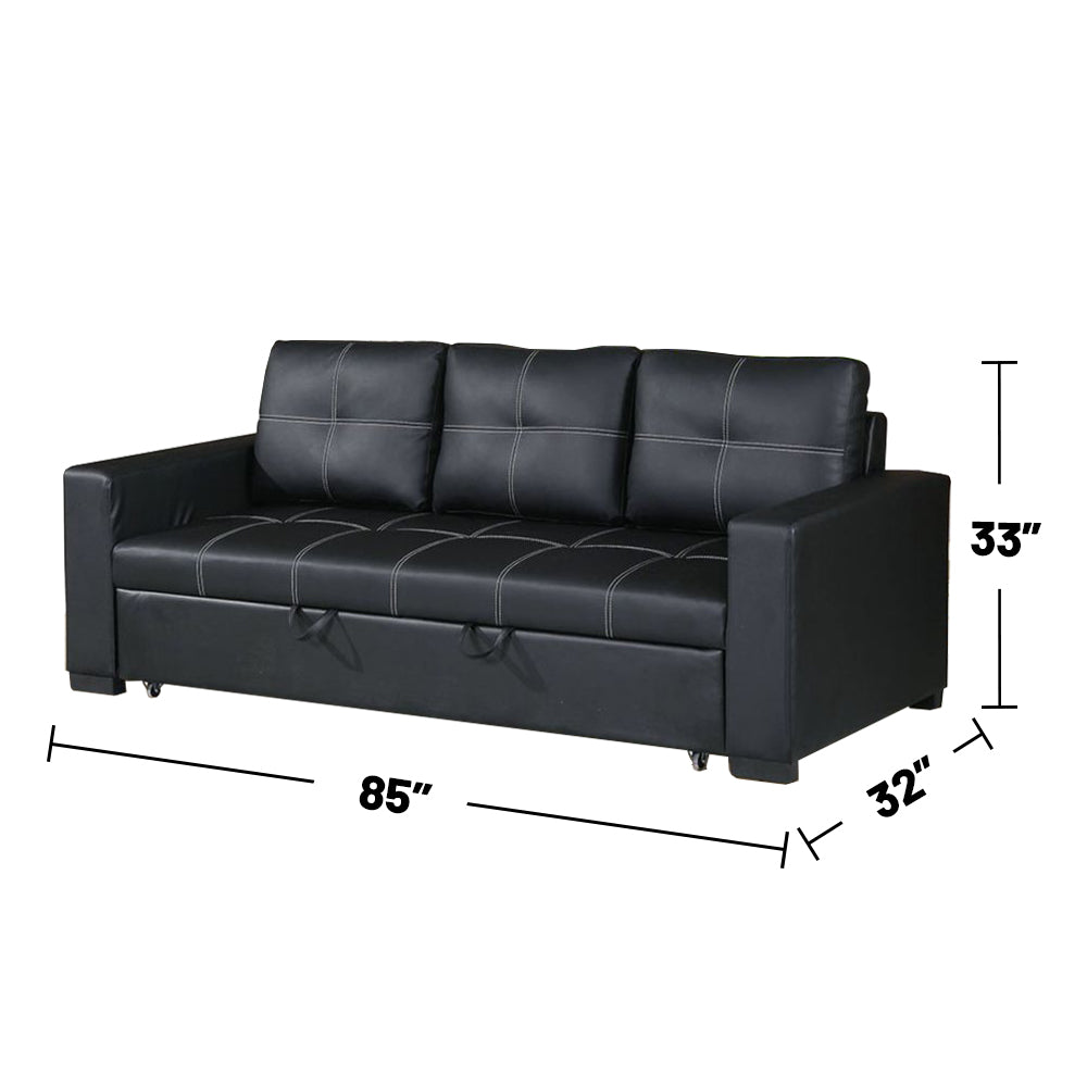 3 Seats Faux Leather Convertible Sleeper Sofa, Black Black Faux Leather Tufted Back Square Arms Pu Leather