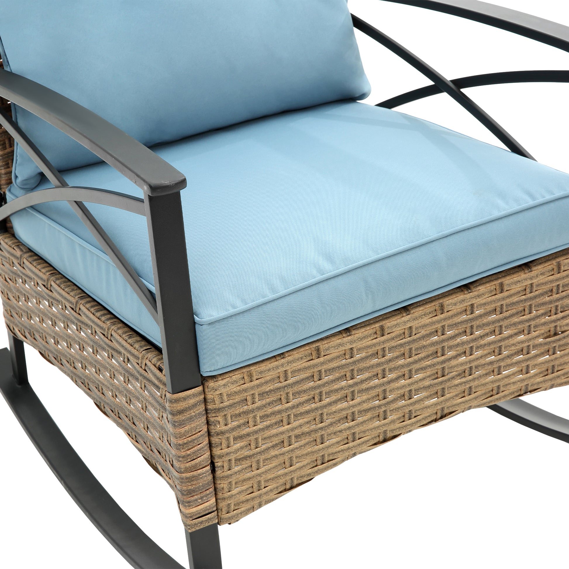 3Pcs Rocking Rattan Set Wholesale Leisure Chair Outdoor Rattan Rocking Chair Set Grey Blue Cotton Steel