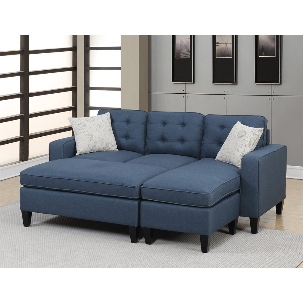 Polyfiber Reversible Sectional Sofa With Ottoamn In Navy Navy Tufted Back L Shaped Pine Square Arms Fabric