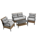 Patio 4 Piece Sectional Low Dining Conversation Sofa Set Kd Rattan Wicker Outdoor Garden Furniture Corner Sofa Set With Cushion. Grey Cotton Steel