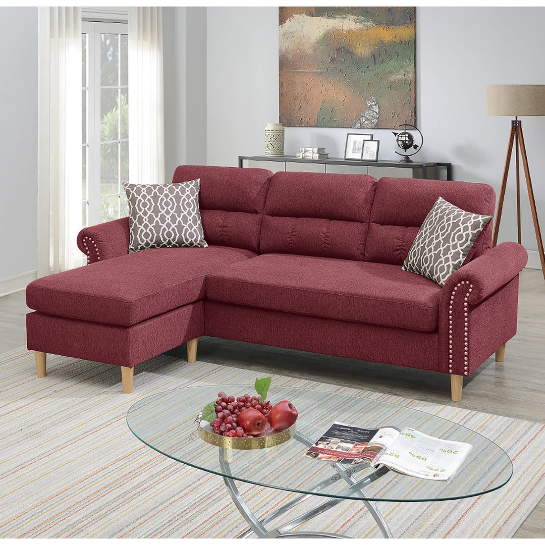 Velvet Reversible Sectional Sofa In Paprika Red Red L Shaped Rolled Arms Velvet