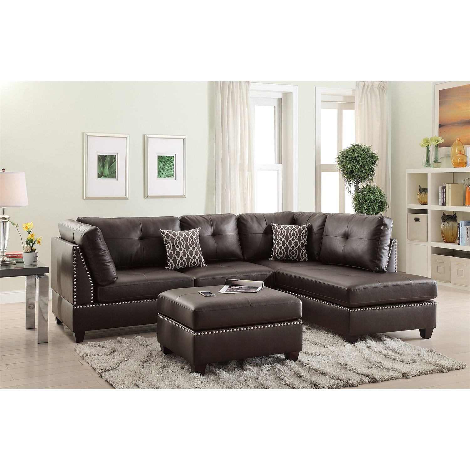 Faux Leather Reversible Sectional Sofa With Ottoman In Espresso Espresso Cushion Back L Shaped Pillow Top Arms Pu Leather