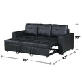 3 Seats Faux Leather Convertible Sleeper Sofa, Black Black Faux Leather Tufted Back Square Arms Pu Leather