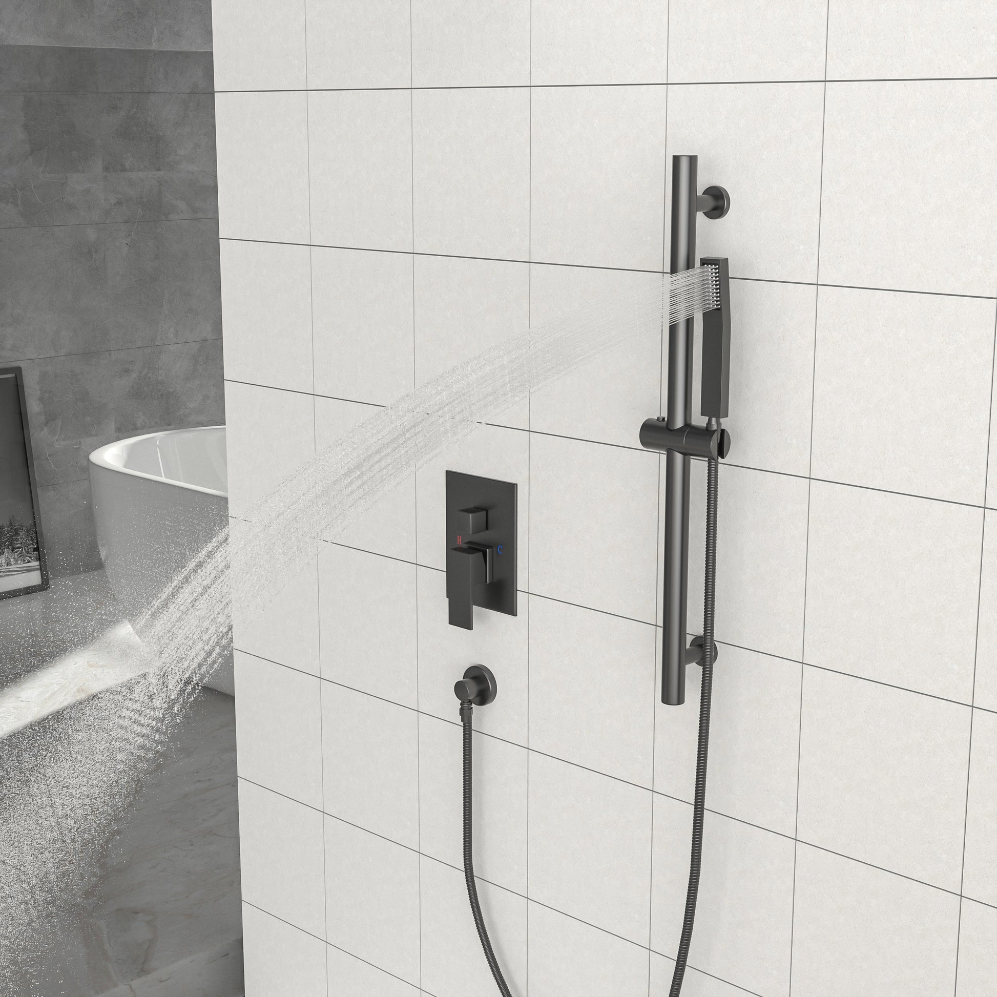 Shower System With Adjustable Slide Bar,10 Inch Wall Mounted Square Shower System With Rough In Valve,Matte Black Matte Black Stainless Steel