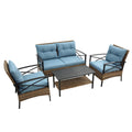 Patio 4 Piece Sectional Low Dining Conversation Sofa Set Kd Rattan Wicker Outdoor Garden Furniture Corner Sofa Set With Cushion. Blue Cotton Steel