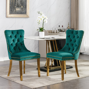 Nikki Collection Modern, High End Tufted Solid Wood Contemporary Velvet Upholstered Dining Chair With Golden Stainless Steel Plating Legs,Nailhead Trim,Set Of 2 Black And Gold, Sw1601Gn Green Foam Velvet