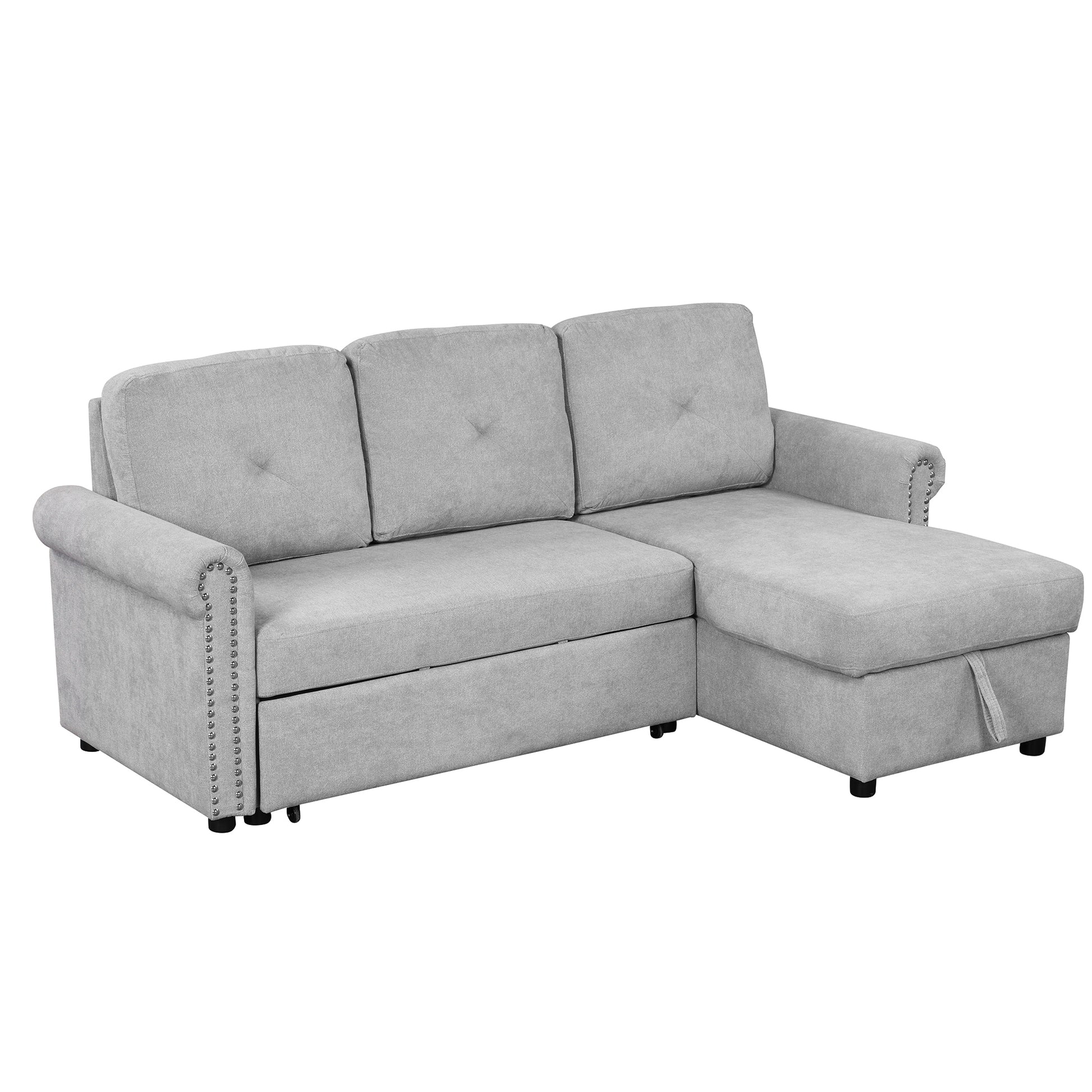 83" Modern Convertible Sleeper Sofa Bed With Storage Chaise,Gray Old Sku:Sg000346Aaa Gray Foam Velvet