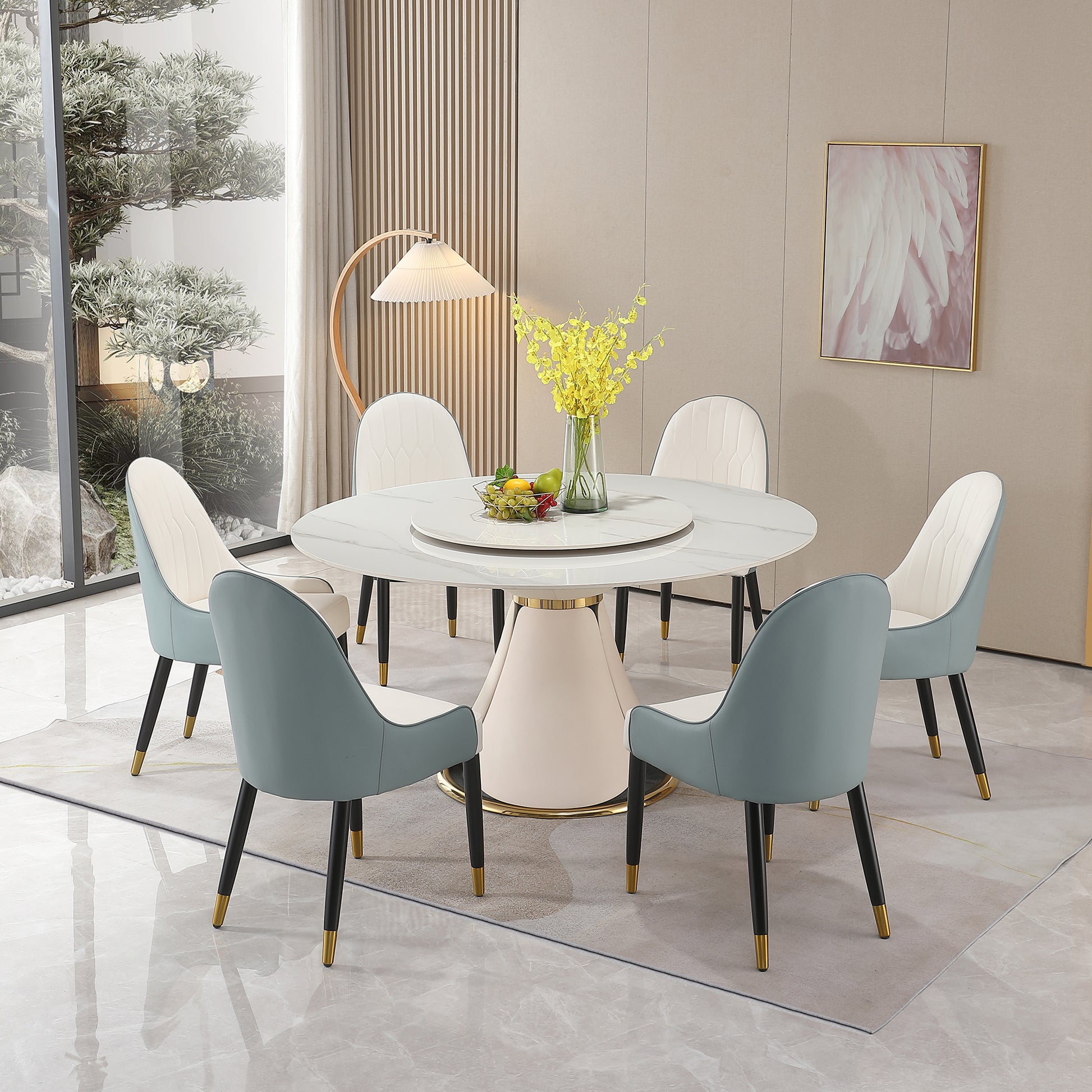 59.05"Modern Sintered Stone Dining Table With 31.5" Round Turntable With Wood And Metal Exquisite Pedestal With 8 Pcs Chairs . Beige Stone Stone