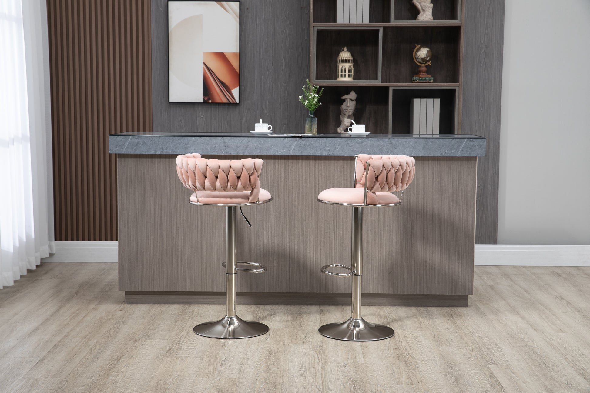 Coolmore Swivel Bar Stools Set Of 2 Adjustable Counter Height Chairs With Footrest For Kitchen, Dining Room 2Pc Set Pink Polyester