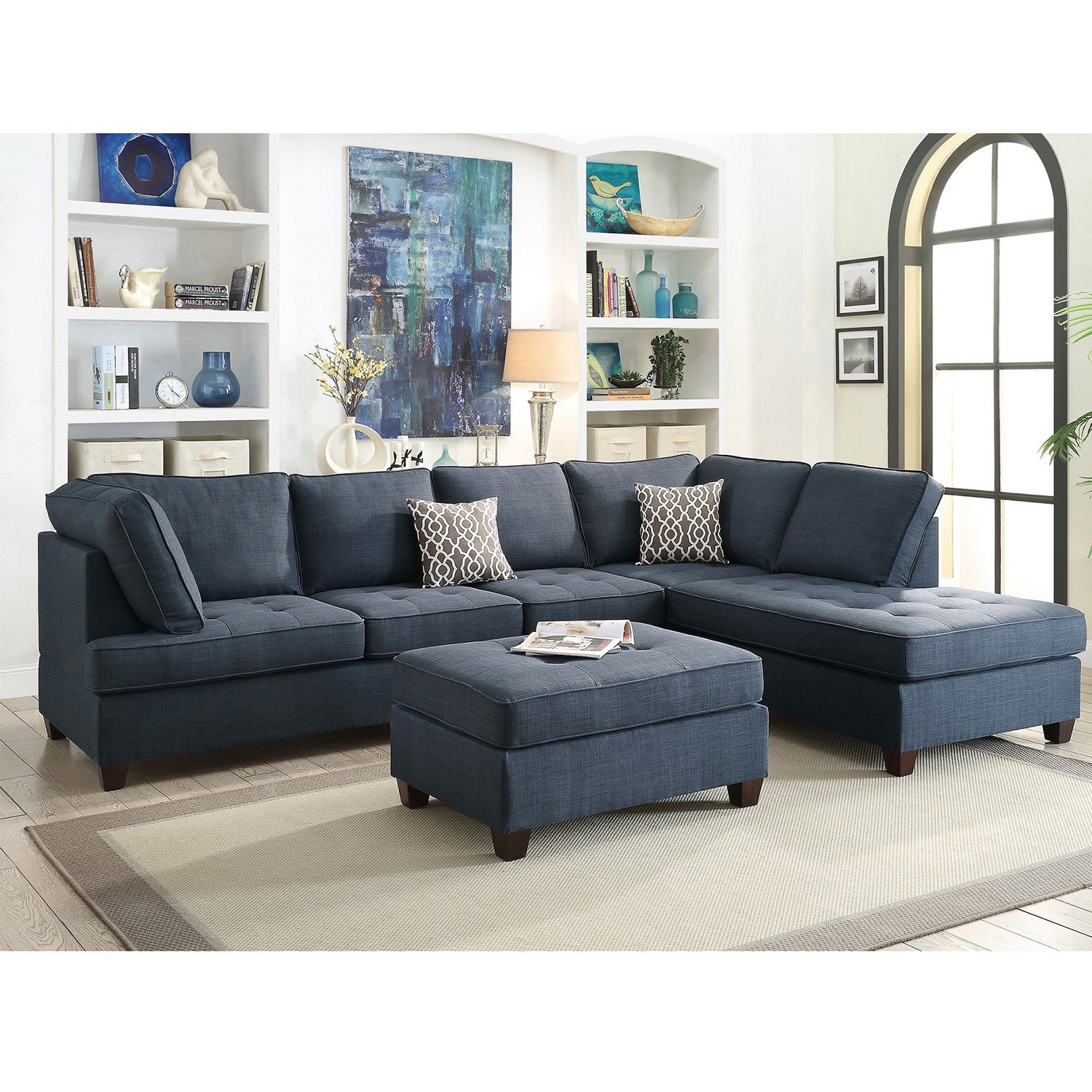 Fabric Cocktail Ottoman With Button Tufted Seat In Dark Blue Dark Blue Solid Backless Rectangle Tufted Fabric