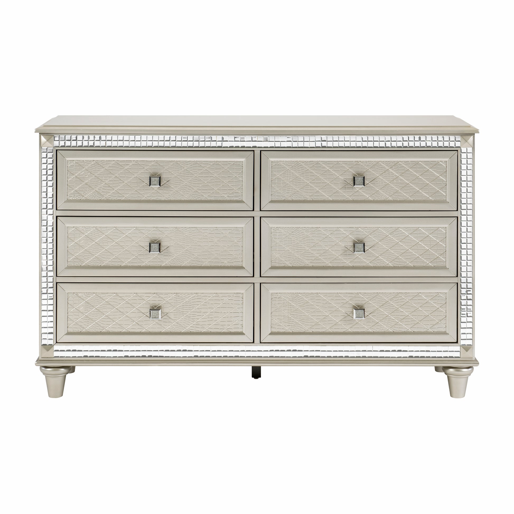 Luxury Champagne Finish Dresser Of 6 Drawers 1Pc Glamorous Crystal Diamond Pattern Knobs Stylish Bedroom Furniture Champagne 5 Drawers & Above Bedroom Ball Bearing Glides Glam,Modern Wood