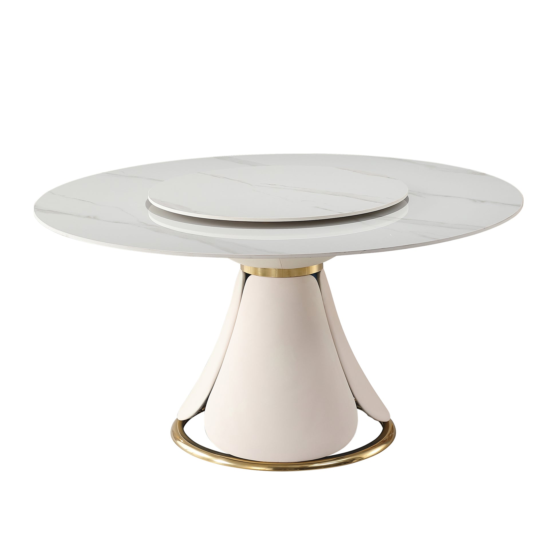 59.05"Modern Sintered Stone Dining Table With 31.5" Round Turntable For 8 Person With Wood And Metal Exquisite Pedestal Beige Metal Stone