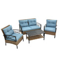 Patio 4 Piece Sectional Low Dining Conversation Sofa Set Kd Rattan Wicker Outdoor Garden Furniture Corner Sofa Set With Cushion. Blue Cotton Steel