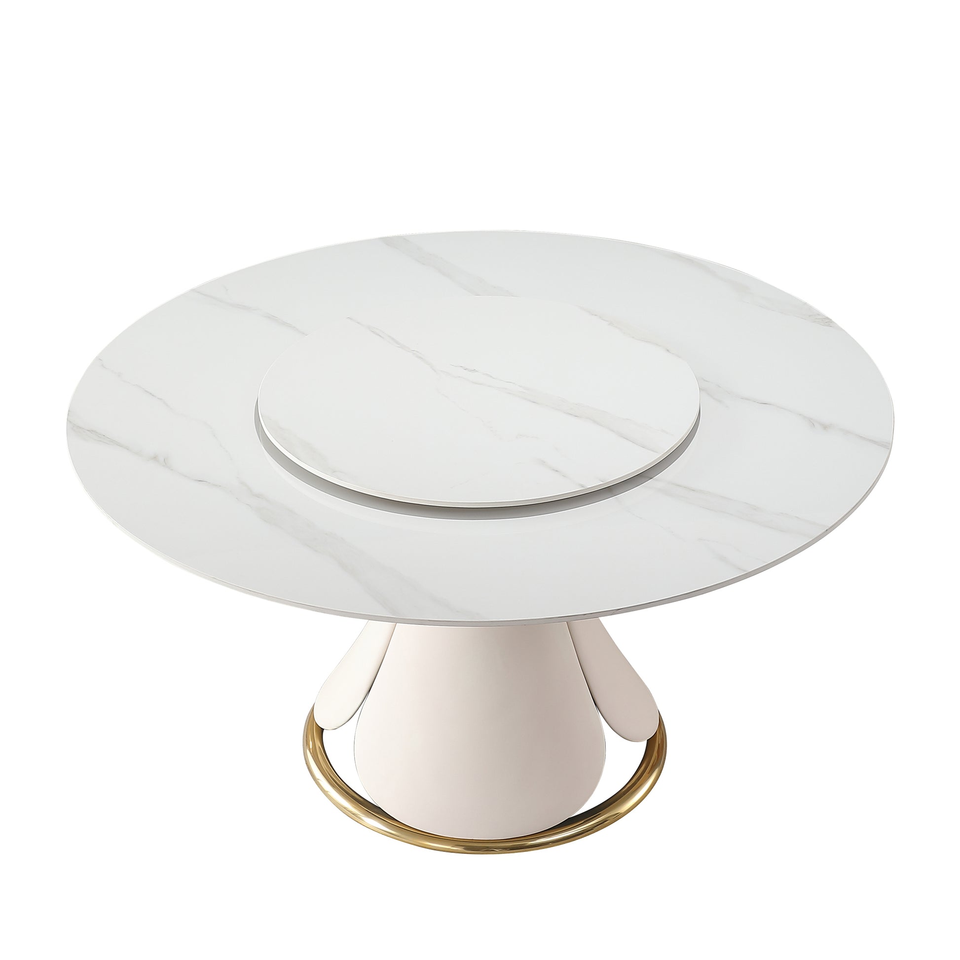 59.05"Modern Sintered Stone Dining Table With 31.5" Round Turntable With Wood And Metal Exquisite Pedestal With 8 Pcs Chairs . Beige Stone Stone