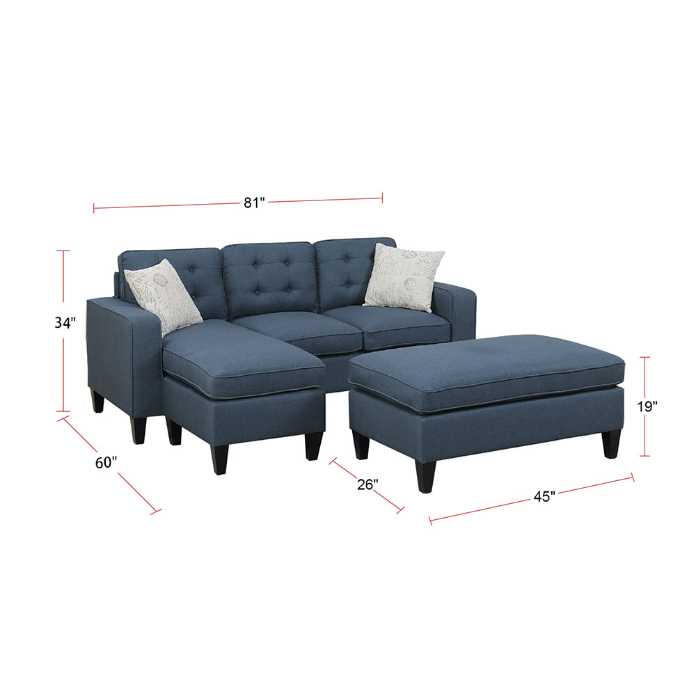 Polyfiber Reversible Sectional Sofa With Ottoamn In Navy Navy Tufted Back L Shaped Pine Square Arms Fabric