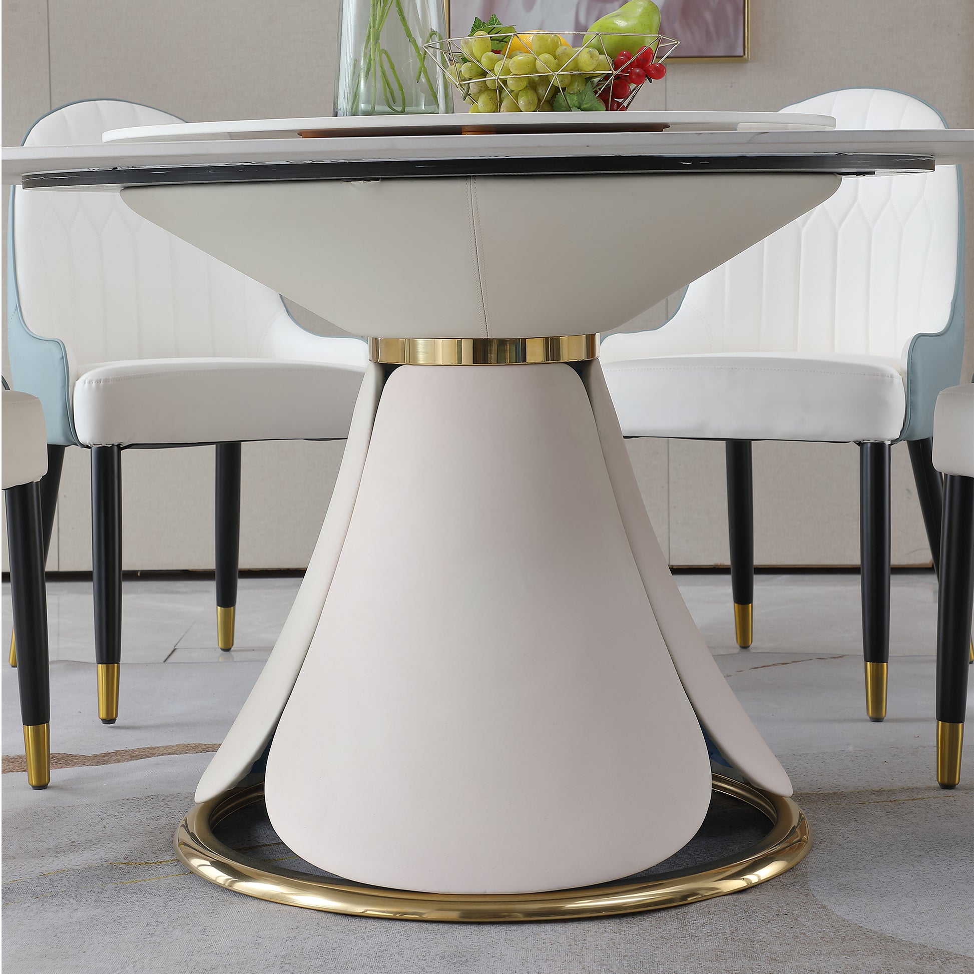 59.05"Modern Sintered Stone Dining Table With 31.5" Round Turntable With Wood And Metal Exquisite Pedestal With 8 Pcs Chairs . Beige Stone Stone