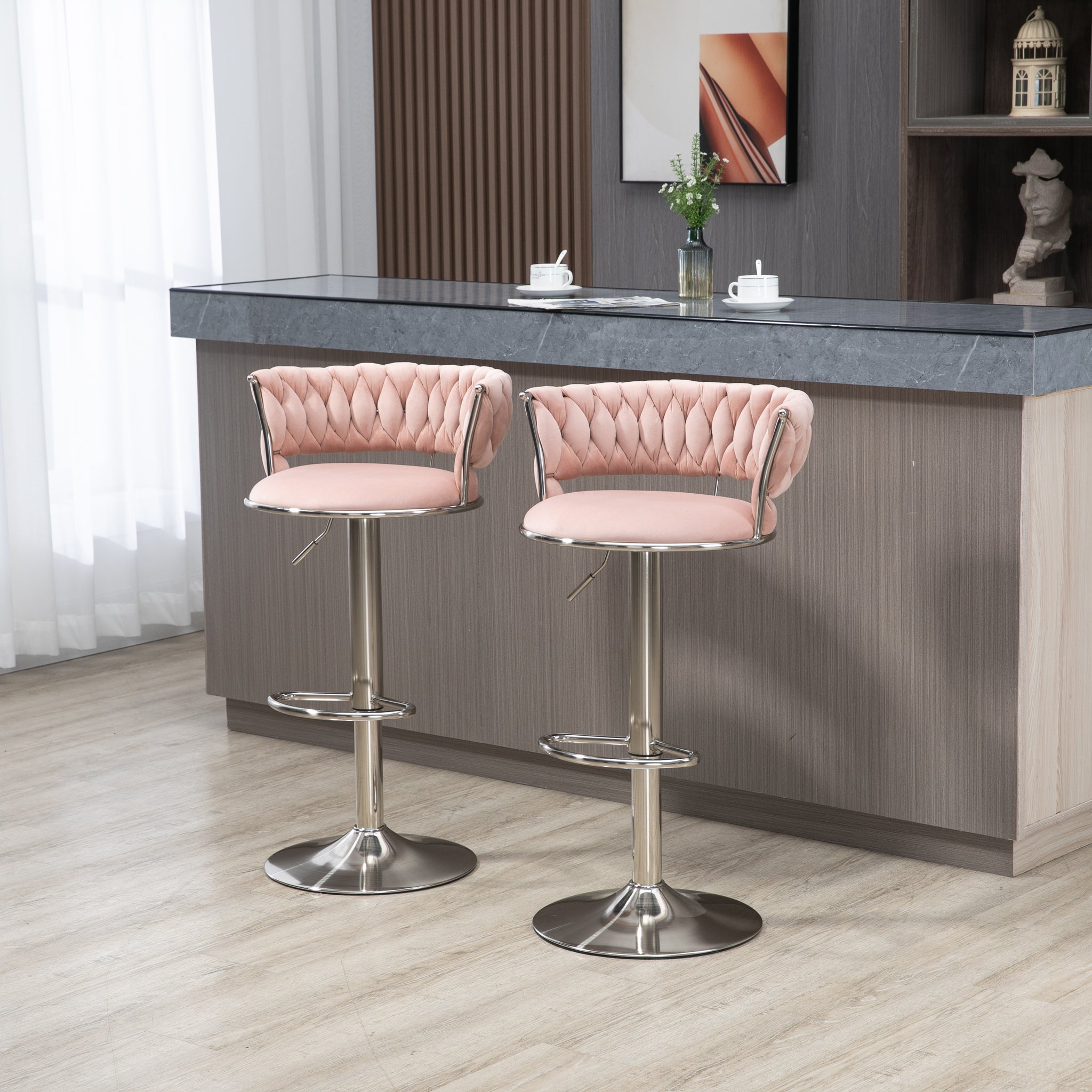 Coolmore Swivel Bar Stools Set Of 2 Adjustable Counter Height Chairs With Footrest For Kitchen, Dining Room 2Pc Set Pink Polyester