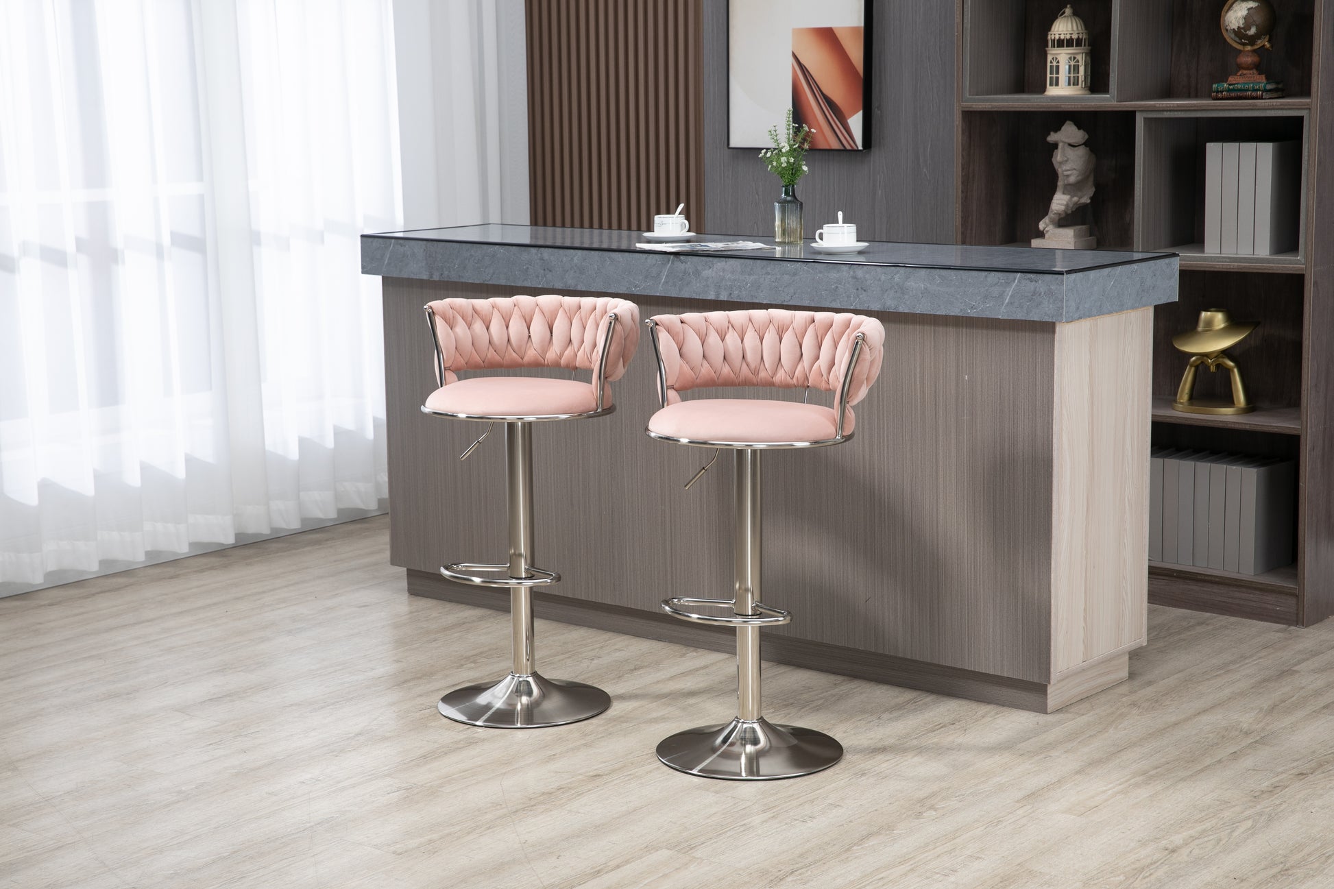 Coolmore Swivel Bar Stools Set Of 2 Adjustable Counter Height Chairs With Footrest For Kitchen, Dining Room 2Pc Set Pink Polyester