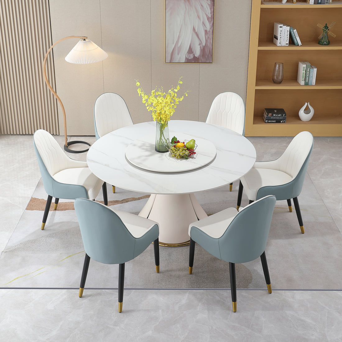 59.05"Modern Sintered Stone Dining Table With 31.5" Round Turntable With Wood And Metal Exquisite Pedestal With 8 Pcs Chairs . Beige Stone Stone