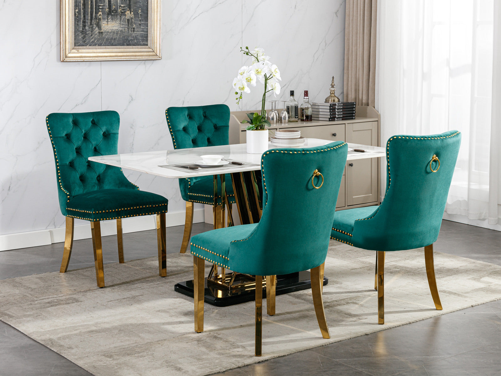 Nikki Collection Modern, High End Tufted Solid Wood Contemporary Velvet Upholstered Dining Chair With Golden Stainless Steel Plating Legs,Nailhead Trim,Set Of 2 Black And Gold, Sw1601Gn Green Foam Velvet