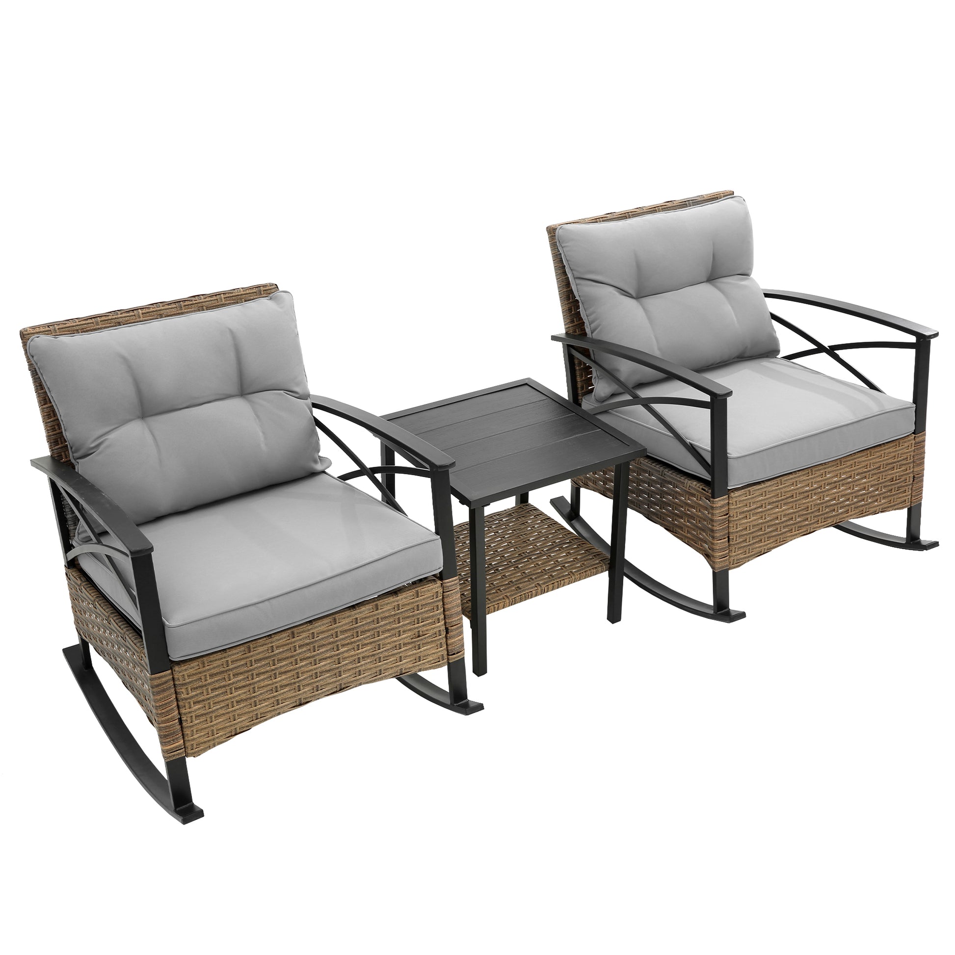 3Pcs Rocking Rattan Set Wholesale Leisure Chair Outdoor Rattan Rocking Chair Set Grey Grey Cotton Steel