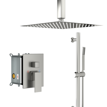 Shower System With Adjustable Slide Bar,16 Inch Ceiling Mounted Square Shower System With Rough In Valve, Brushed Nickel Brushed Nickel Stainless Steel