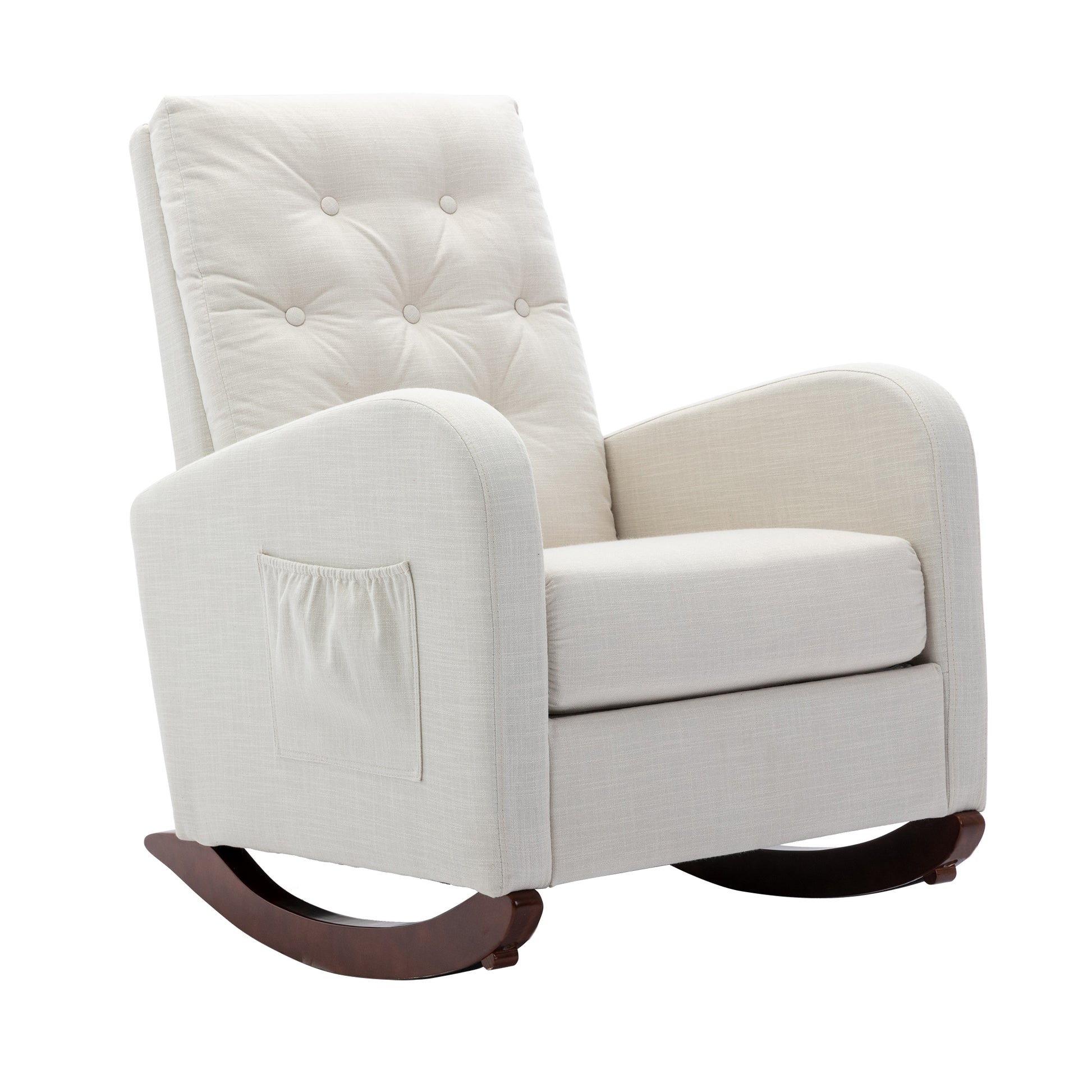 High Back Rocking Chair Nursery Chair .Comfortable Rocker Fabric Padded Seat .Modern High Back Armchair Beige Polyester