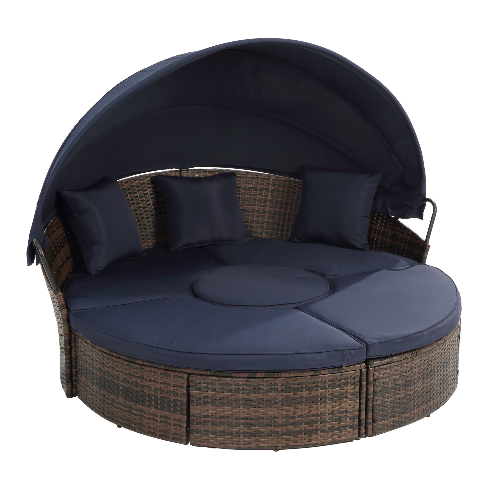Kd Rattan Round Lounge With Canopy Bali Canopy Bed Outdoor, Wicker Outdoor Sofa Bed With Lift Coffee Table Navy Blue Cotton Steel
