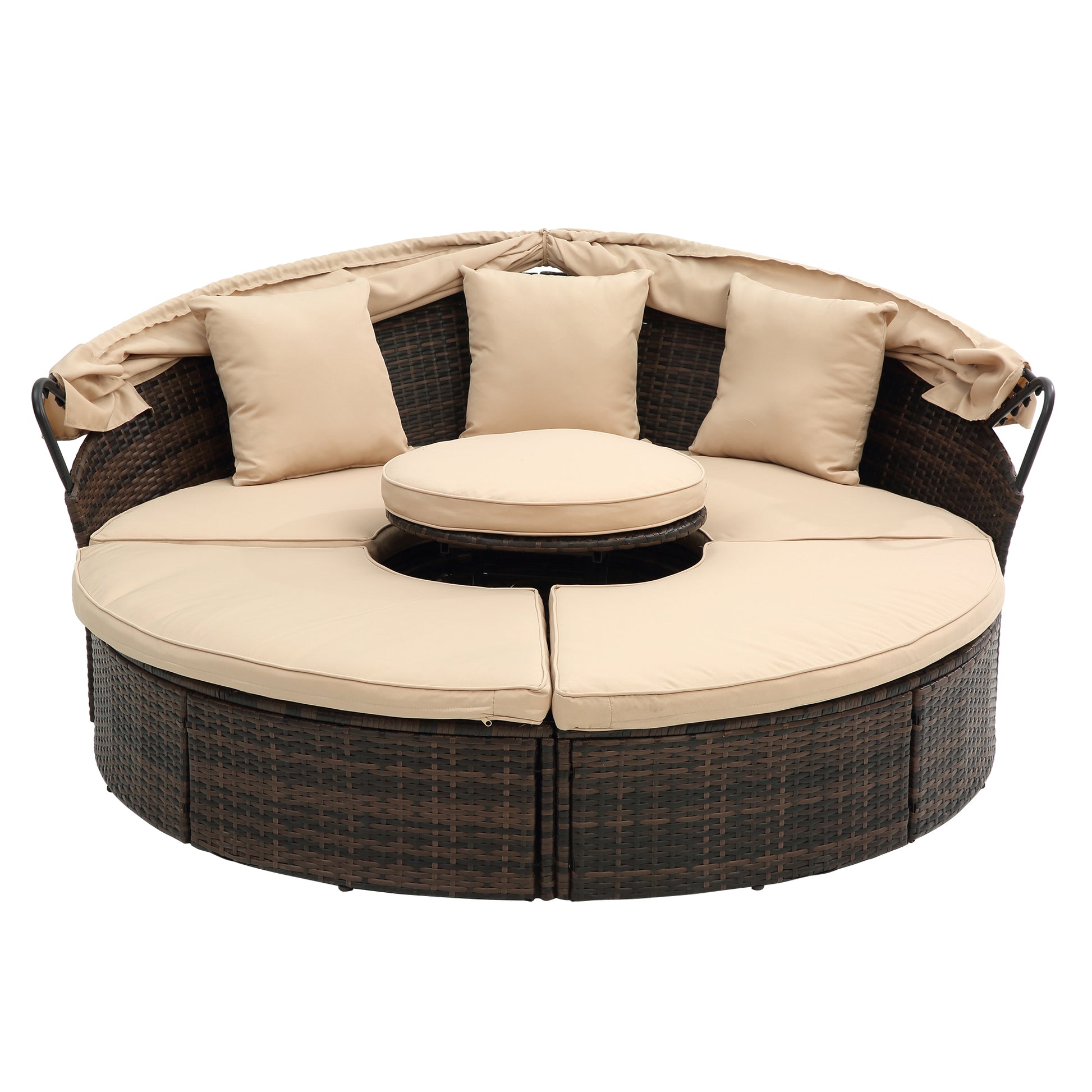 Kd Rattan Round Lounge With Canopy Bali Canopy Bed Outdoor, Wicker Outdoor Sofa Bed With Lift Coffee Table Beige Cotton Steel