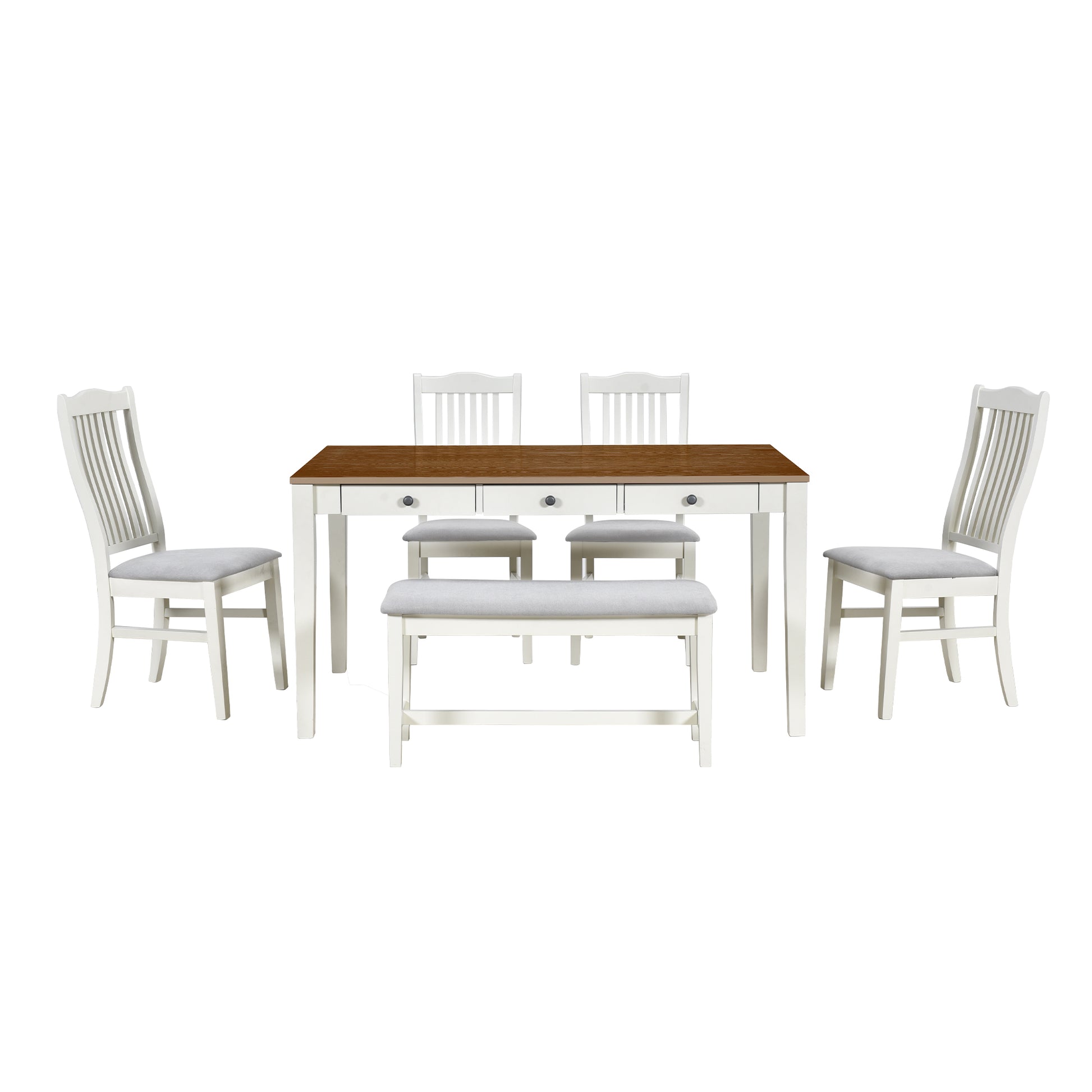 Mid Century 6 Piece Wood Dining Table Set, Kitchen Table Set With Drawer, Upholstered Chairs And Bench, Butter Milk White Wood Dining Room Solid Wood Rubberwood Rectangular Dining Table With Chair And Bench Upholstered Chair Wood Grey Solid Back Seats 6