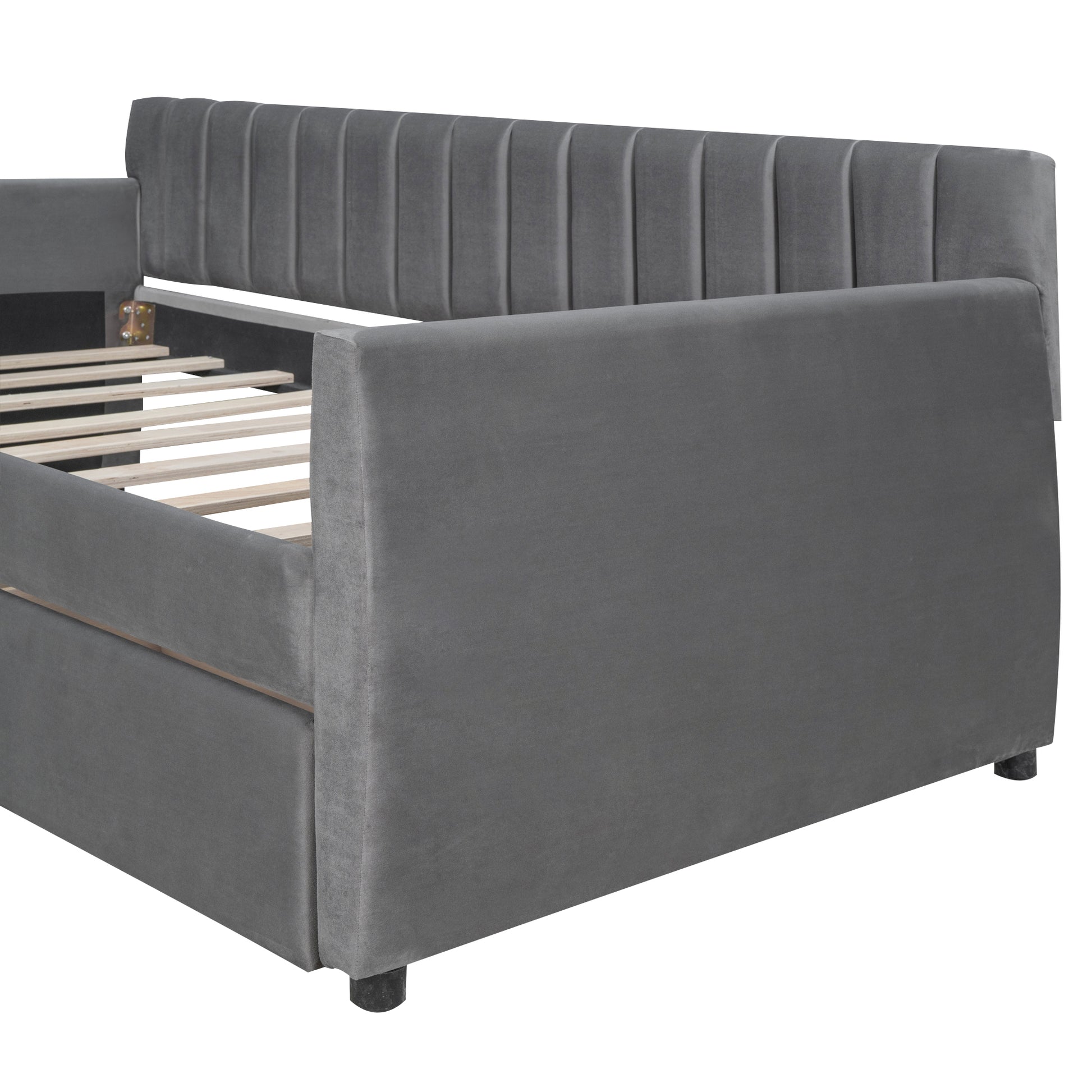 Twin Size Upholstered Daybed With Drawers, Wood Slat Support, Gray Gray Velvet