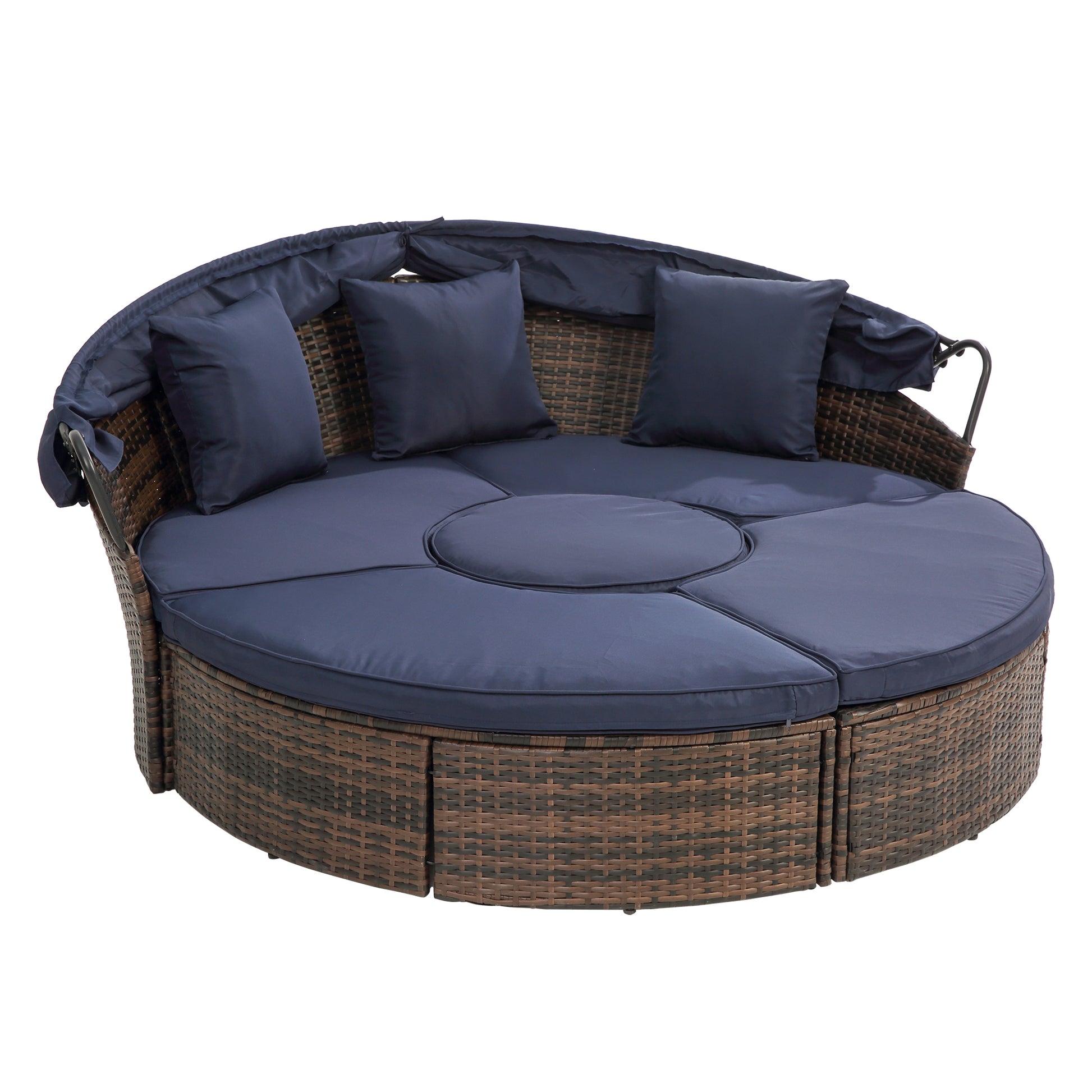Kd Rattan Round Lounge With Canopy Bali Canopy Bed Outdoor, Wicker Outdoor Sofa Bed With Lift Coffee Table Navy Blue Cotton Steel