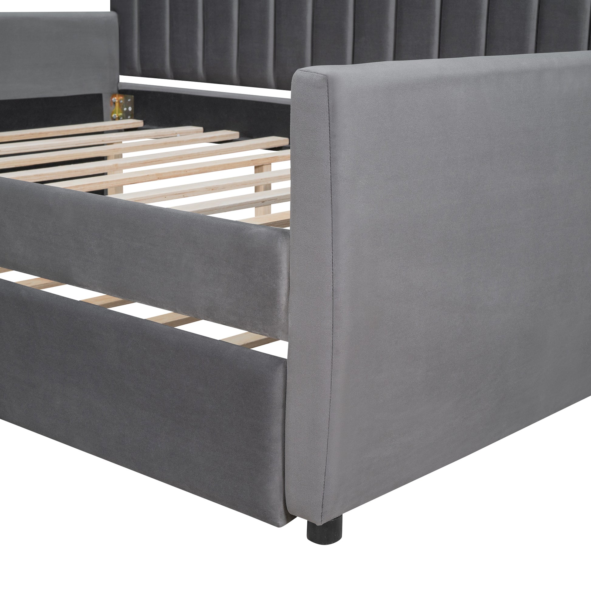 Full Size Upholstered Daybed With Trundle And Wood Slat Support, Gray Gray Velvet