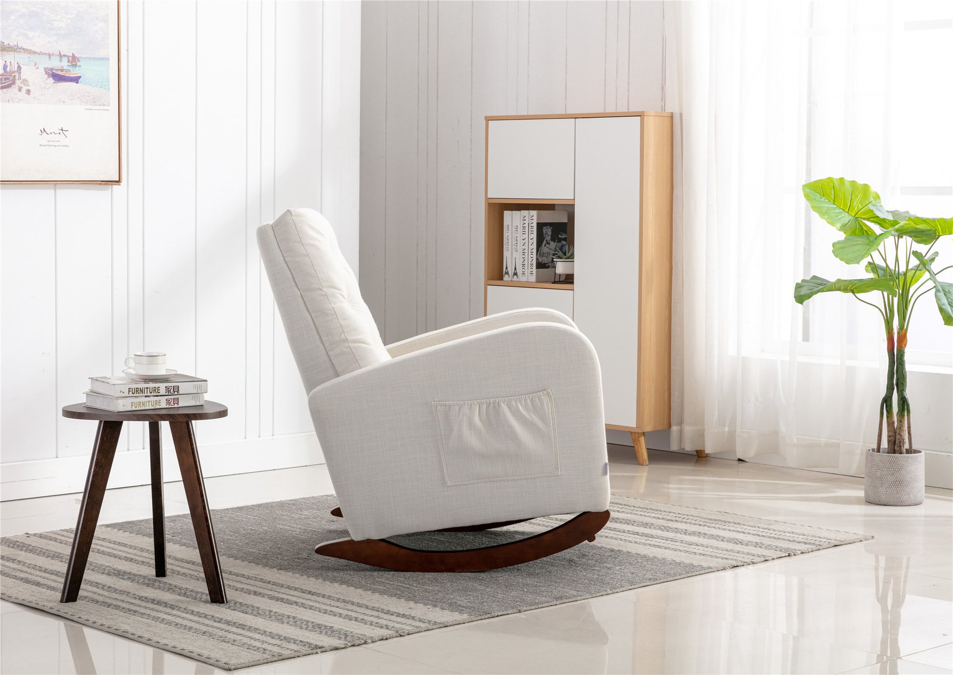 High Back Rocking Chair Nursery Chair .Comfortable Rocker Fabric Padded Seat .Modern High Back Armchair Beige Polyester