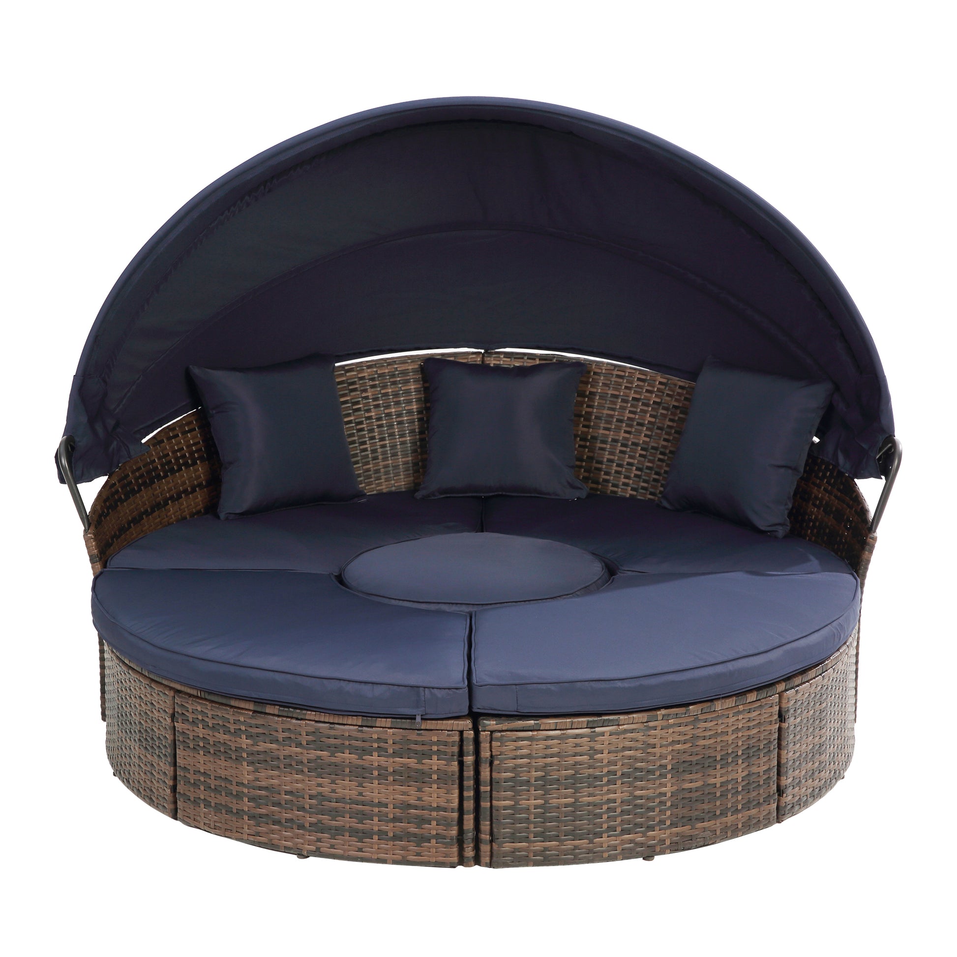 Kd Rattan Round Lounge With Canopy Bali Canopy Bed Outdoor, Wicker Outdoor Sofa Bed With Lift Coffee Table Navy Blue Cotton Steel