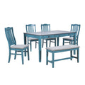 Mid Century 6 Piece Wood Dining Table Set, Kitchen Table Set With Drawer, Upholstered Chairs And Bench, Antique Blue Wood Dining Room Solid Wood Rubberwood Rectangular Dining Table With Chair And Bench Wood Wood Antique Blue Solid Back Seats 6 Mid